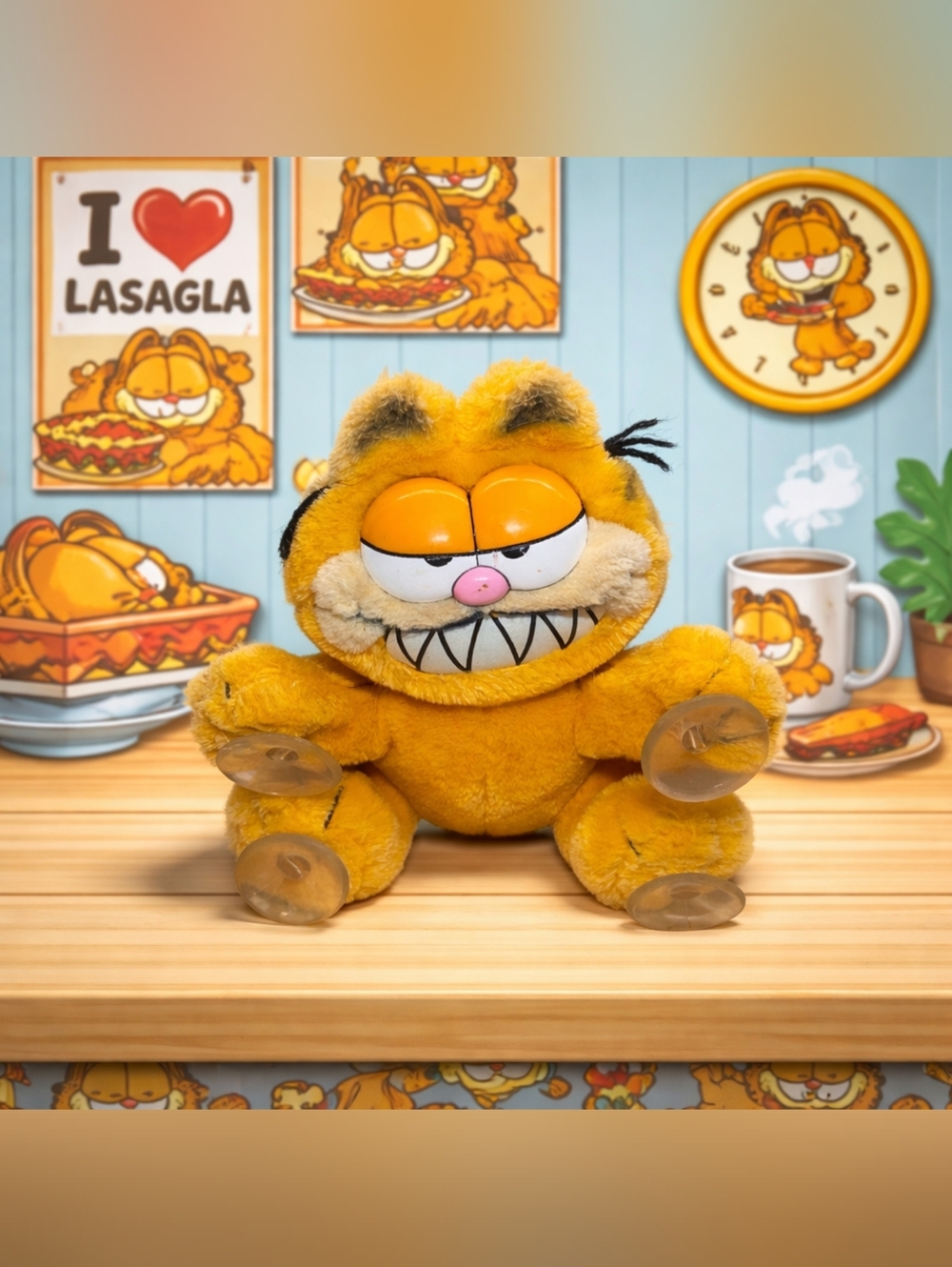 1981 Garfield "Attack Cat" Plush Dakin Window Clinger, "Make My Day" Pin Vintage